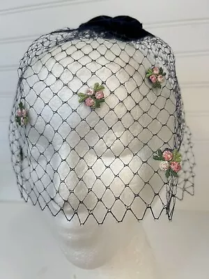 Vintage Women's Birdcage Net Veil Navy Bow With Pink Roses 40s 50s  Package • $19