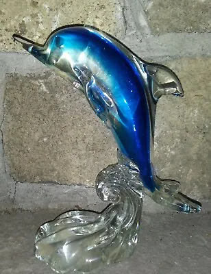 Vintage Murano Style Free Form Art Glass Blue Gold Dolphin Sculpture MCM • $19.99