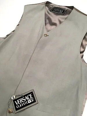 Gianni Versace Vintage '03 100% Silk Vest Gilet Men Fly Front Metal Button Gray • $131.24