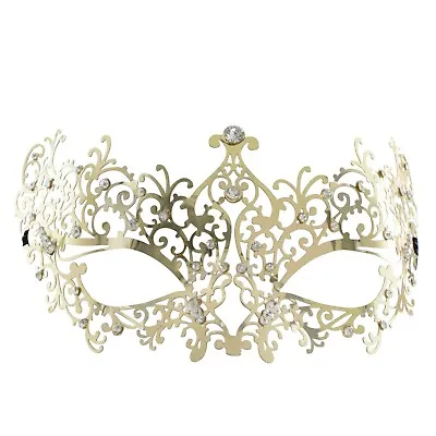 Gold Lace Masquerade MASK VENETIAN Metal | Delicate Clear Diamante Filigree • £9.95