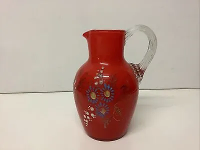 Antique Enamelled Red Glass Jug Colourful Floral Decoration - 15cm • £19.99