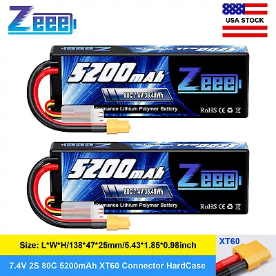 2x Zeee 2S 5200mAh Lipo Battery 7.4V 80C XT60 Hardcase For RC Car Buggy Truggy  • $34.44