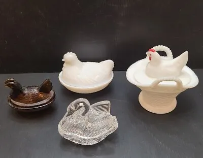 Vintage LOT 4 Mini Glass Swan Hen  Nest Dish Bowl Covered Salts Slag Milk Candy • $60