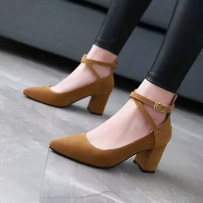 Womens Block Heels Pointed Toe Classic Faux Suede Mary Jane Cross Strap Shoes Ol • $57.72