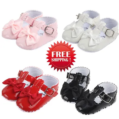 Newborn Infant Baby Girl Spanish Style Patent Pram Shoes Mary Jane Bowknot Shoes • £5.99