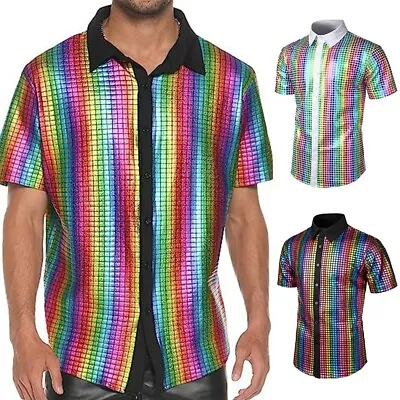 Trendy Men's 70s Disco Sequin Blouse Top Short Sleeve Button Down Shirt • £17