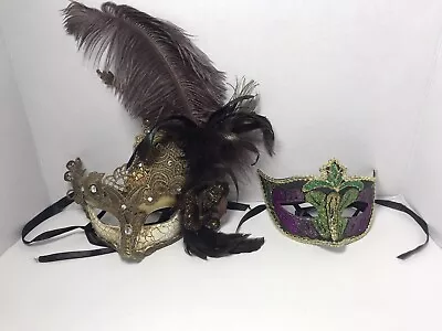 LOT 2x Gold Laced Women's Masquerade Venetian Mardi Gras Mask Feathers And Gems • $28.50