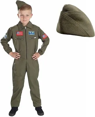 Boys Military Pilot Costume Kids Aviator Flightsuit Air Cadet Uniform Halloween • $30.95