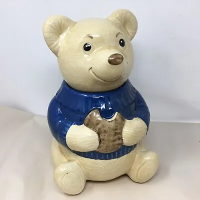 Vintage Metlox Pottery California USA Blue Sweater Teddy Bear Eating Cookie Jar • $18.54