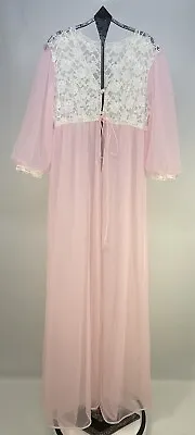 Vtg Nylon Chiffon Dressing Gown Robe Stretch Lace Bodice Pink Ivory Size Small • $23.39