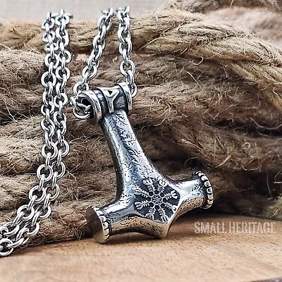 Helm Of Awe Mjolnir Viking Protection Necklace Thurisaz Rune Stainless Steel Men • $19.97