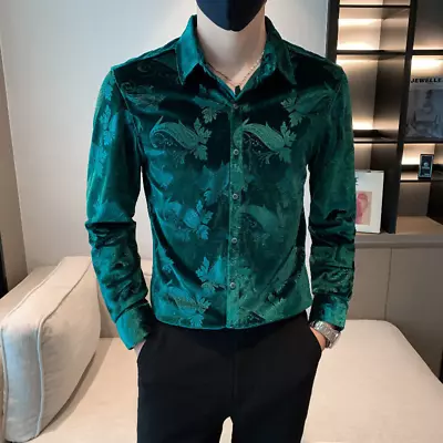 Mens Velvet Top Blouse Velour Shirt Print Floral Slim Fit Office Business Retro • $26.99