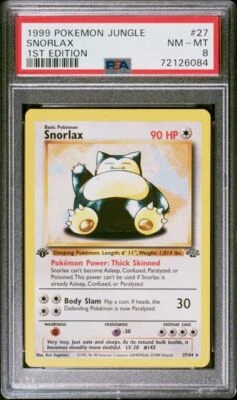 $45 • Buy Pokemon PSA 8 NM-Mint 1st Edition Snorlax Rare 27/64 1st Edition Jungle