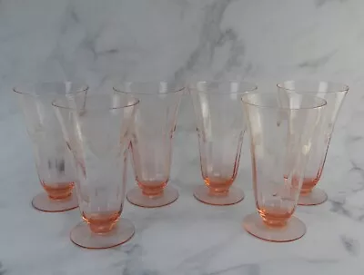 Set Of 6 Pink Optic Depression Footed Floral Etch Glass Parfait Tumblers 12 Oz • $49.99