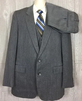 Mannos Mens Grey Striped Wool 3pc Suit 46 Long 37x28 (t10) • $79.99