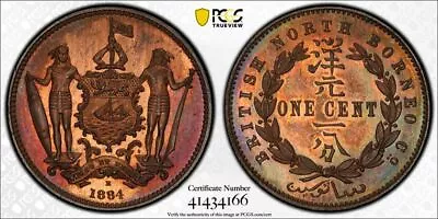 British North Borneo 1 Cent 1884 H GEM Uncirculated Proof PCGS SP64 RB • $950