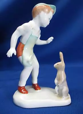 Budapest Aquincum Porcelain Boy In Cap & Shorts With Sitting Rabbit Figurine • $24.99