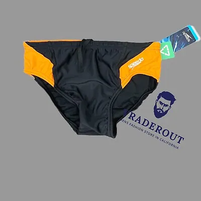 Speedo Men Black Orange  Splice Swim Brief Swimsuit Size 28 • $40.50