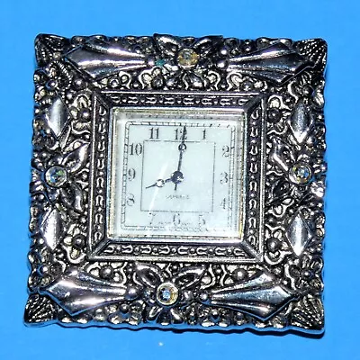 Vintage Watch Brooch Pin Clock Quartz Japan Movt Rhinestone Floral Silver Tone • $17.99