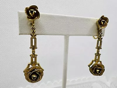 Vintage Clip Earrings Brushed Gold Chunky Matte Roses Flower Dangle 1980s • $17.99
