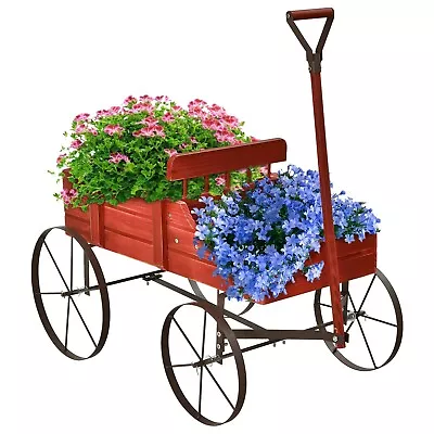 Wooden Wagon Flower Planter Pot Stand Bed W/Wheel Home Garden Yard Outdoor Decor • $39.96