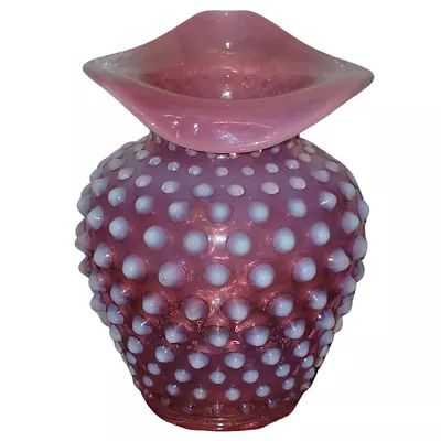 Vintage Fenton Cranberry Opalescent Hobnail Crimped Tulip JIP Vase 5.5  • $34.64