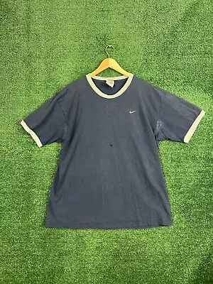 Vintage 90s Nike Mini Swoosh Ringer T Shirt Men’s Large Blue Distressed Grunge • $13.49