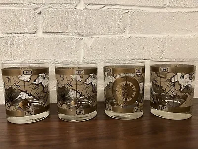 Vintage Cera Old World Map 22kt Gold Lowball Barware Glasses Cocktails Set Of 4 • $100