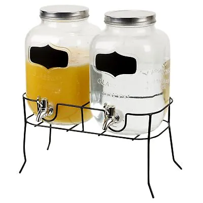 2x4 Litres Dual Double Glass Beverage Drinks Dispenser Screw Lid Jugs Tap Stand • £24.99
