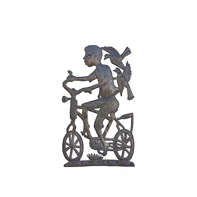 Handcrafted Haitian Metal Art Boy Riding A Bike With Birds Eco-Friendly Garden • $39