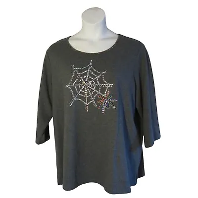 Quacker Factory 2X Gray Halloween Spider Spiderweb Knit Shrit Top • $19.95