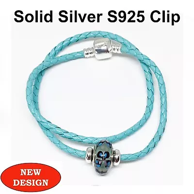 Double Leather Bracelet S925 Silver Clip Stoppers & Turquoise Murano Charm • £14.99