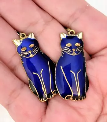 Vintage Blue Enamel Cat Dangle Drop Earrings 2  L • $12.99