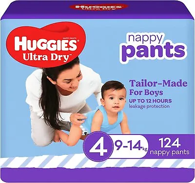 $75 • Buy Huggies Ultra Dry Nappy Pants Boy Size 4 (9-14kg), 124 Count