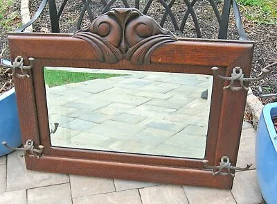 Antique VICTORIAN QUARTERSAWN TIGER OAK Hanging Hall Beveled  MIRROR Hat  RACK • $319