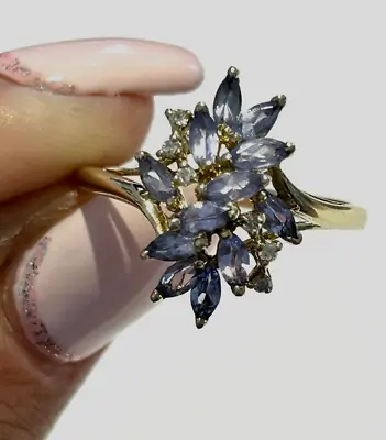 9ct Gold Ring Diamond & Tanzanite Cluster UK Ring Size R - 9ct Yellow Gold • $233.42