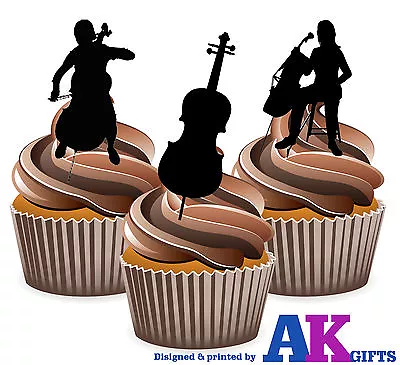 PRECUT Cello Silhouette Player Bow 12 Edible Cupcake Toppers Decoration Birthday • £3.99