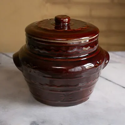 MARCREST STONEWARE Daisy Dot Colorado Brown Bean Pot Crock Jar With Lid • $39.99