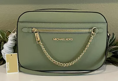 Michael Kors Jet Set Large Zip Chain Crossbody Bag Tote Mk Green Sage Leather • $87.99