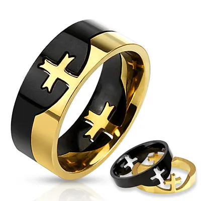 Cross Puzzle Two-Piece Puzzle Gold & Black Plated Stainless Steel Finger Ring • $9.25