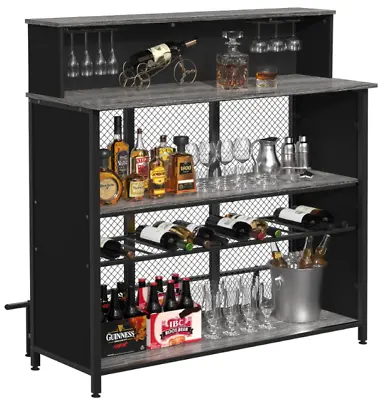 Home Mini Liquor Bar Rustic Gray Wood Standing Table With Storage And Footrest • $205.88