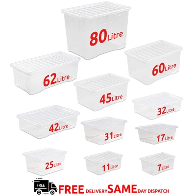 £138 • Buy Clear Storage Box Boxes With Lids Stackable Home Office Kitchen Shelf Organizers