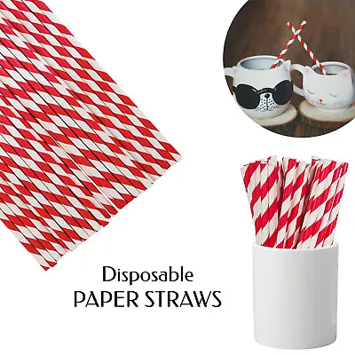 Red And White Striped Paper Straws Biodisposable Compostable 1 To 1k Pcs • £3.49