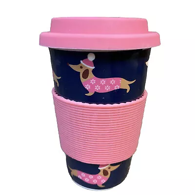 Ceramic Travel Cup W/ Adorable Dachshunds Wearing Pink Sweater Hat  Totes Brand • $10.99