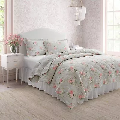 Laura Ashley Melany Quilt Set 3PC 100% Cotton Reversible Extra Soft Lightweight • $129.99