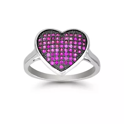 Sterling Silver Black Rhodium Pink CZ Micro Pave Heart Ring • $43
