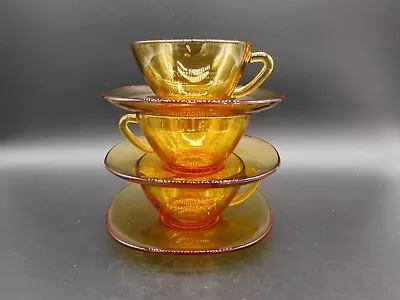 Set 3 Vintage Vereco France Amber Glass Square Cups & Saucers • $11