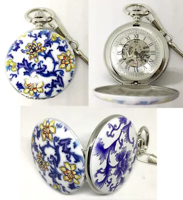 Men Women Mechanical Pocket Watch Enamel Blue White Porcelain Hand Winding Chain • £17.98