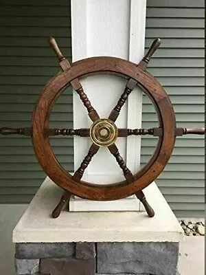 24  Brass Dark Brown Wooden Steering Ship Wheel Pirate Vintage Wall Boat Décor • $49.50