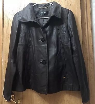 Ellen Tracy Genuine Leather Jacket Womens Dark Brown Button Front Mid Length EUC • $29.99